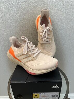 adidas Women's Ultraboost Running Shoes - Beige with Orange Accent
